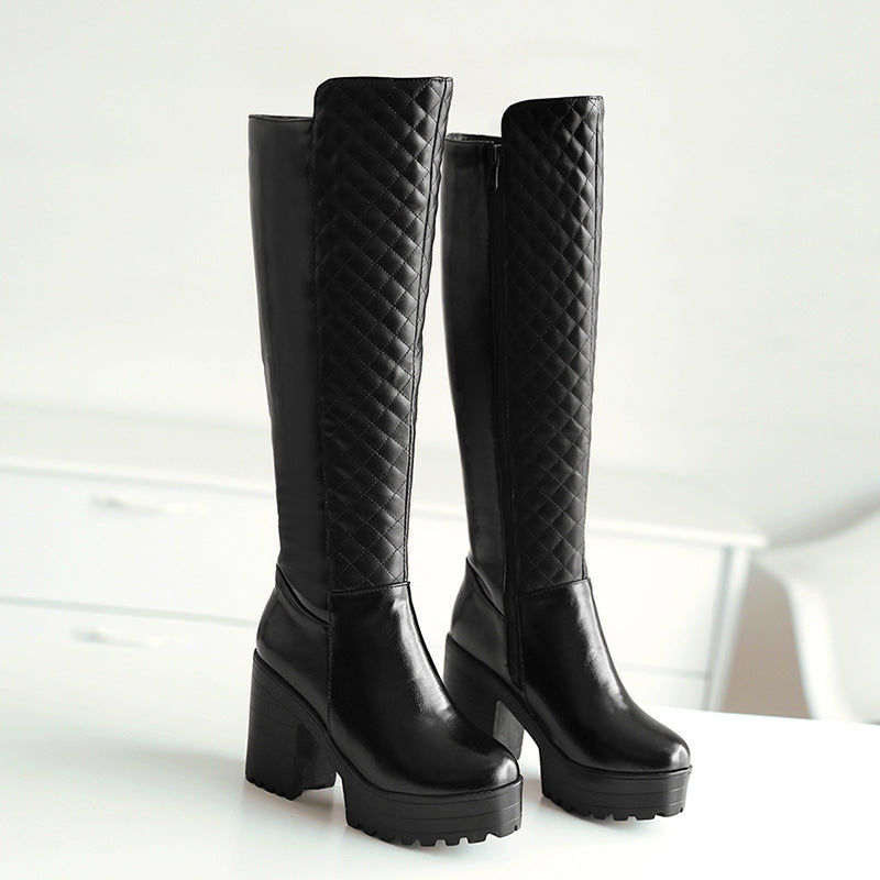 black Women's quilted chunky heels knee high boots