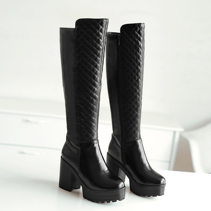 black Women's quilted chunky heels knee high boots