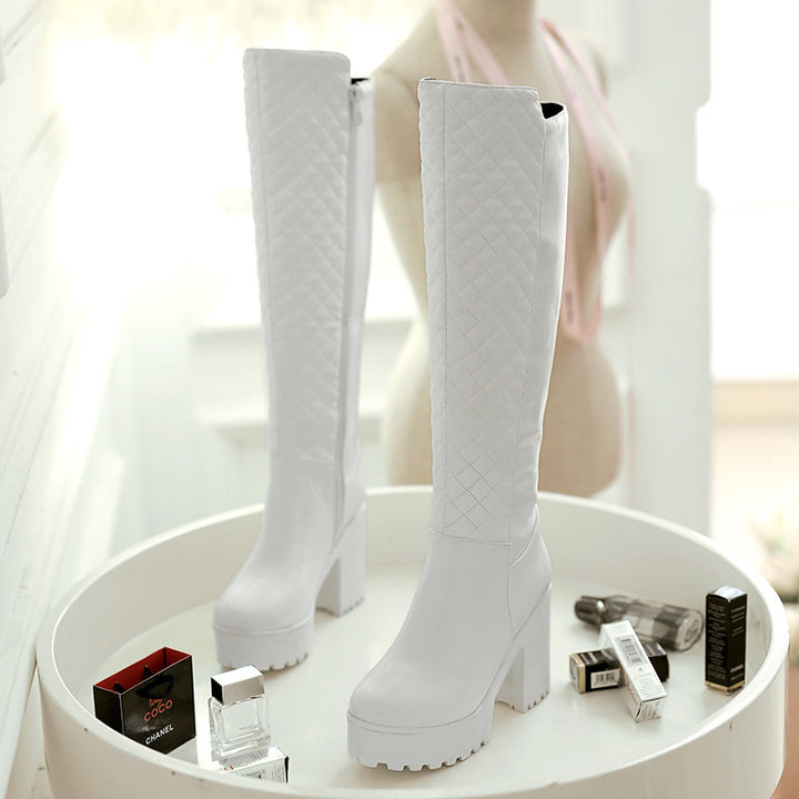 white Women's quilted chunky heels knee high boots