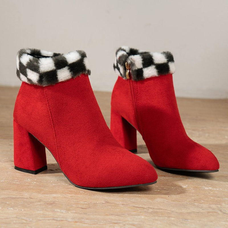 Women's red Christmas booties with fuzzy cuff