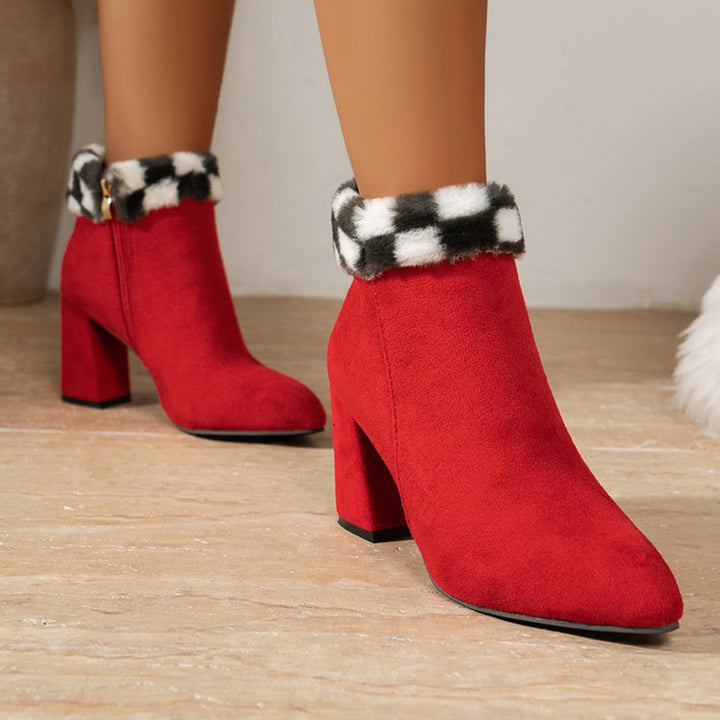 Women's red Christmas booties with fuzzy cuff