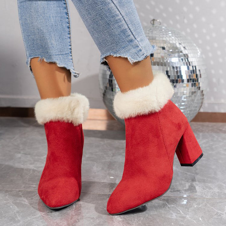 Women's red Christmas booties with fuzzy cuff