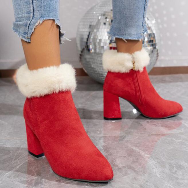 Women's red Christmas booties with fuzzy cuff