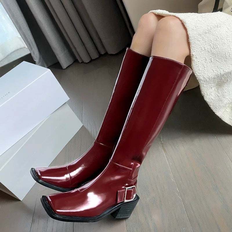 Women's retro PU patent leather square toe knee high boots