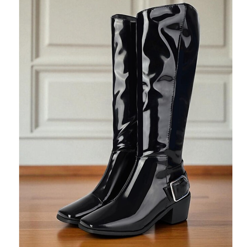 black Women's retro PU patent leather square toe knee high boots