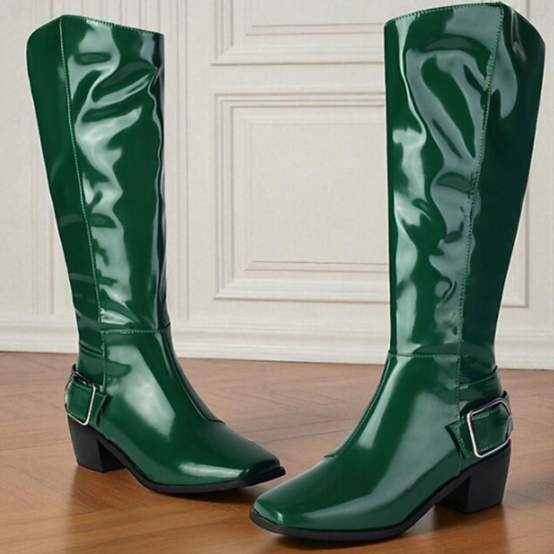 green Women's retro PU patent leather square toe knee high boots