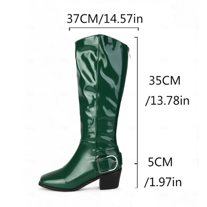green Women's retro PU patent leather square toe knee high boots