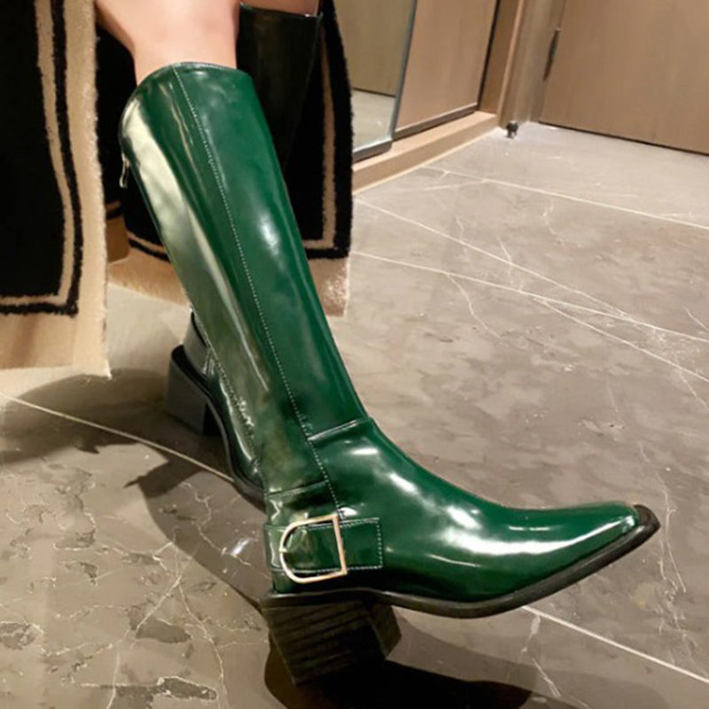 Women's retro PU patent leather square toe knee high boots