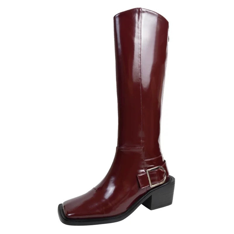 burgundy Women's retro PU patent leather square toe knee high boots