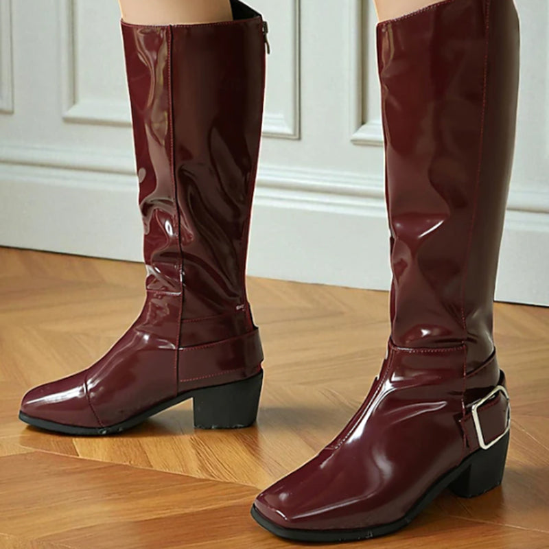 burgundy Women's retro PU patent leather square toe knee high boots
