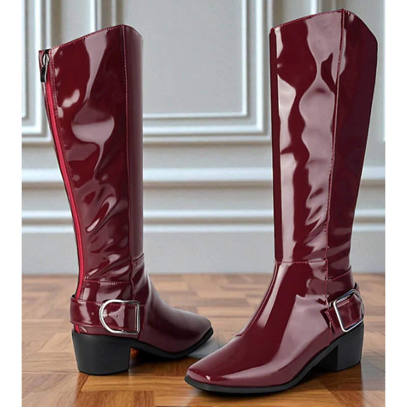 burgundy Women's retro PU patent leather square toe knee high boots