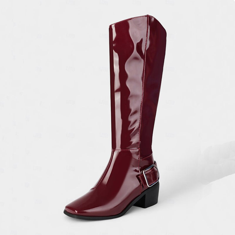 burgundy Women's retro PU patent leather square toe knee high boots