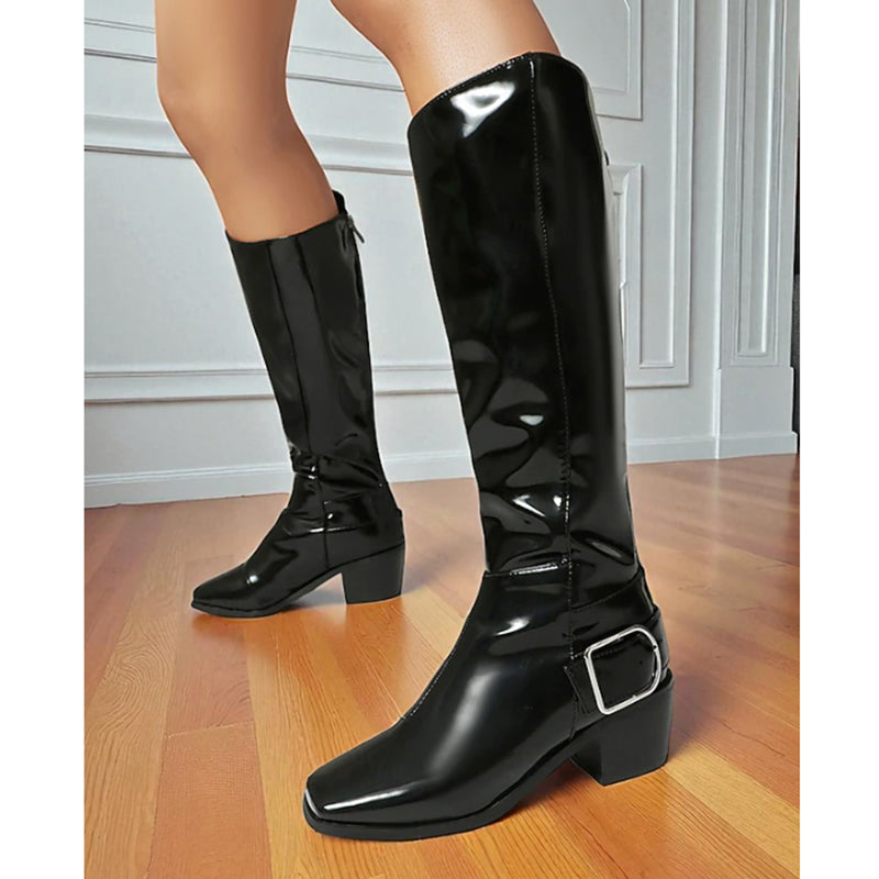 black Women's retro PU patent leather square toe knee high boots
