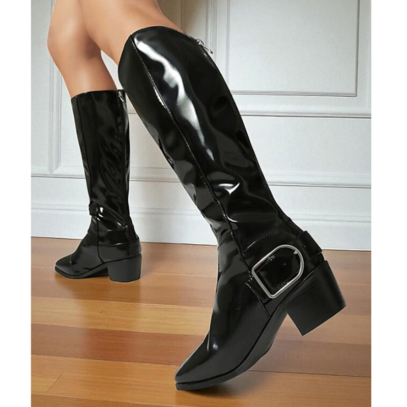 black Women's retro PU patent leather square toe knee high boots