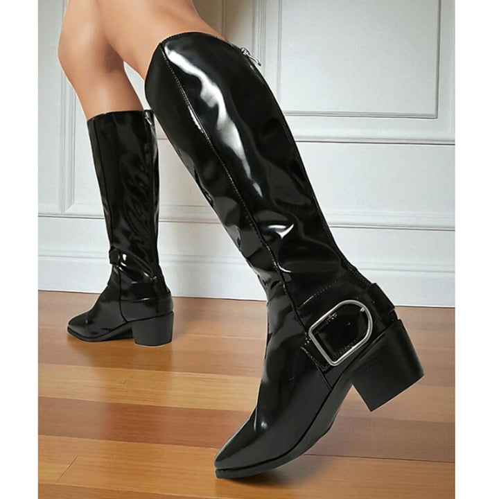 black Women's retro PU patent leather square toe knee high boots