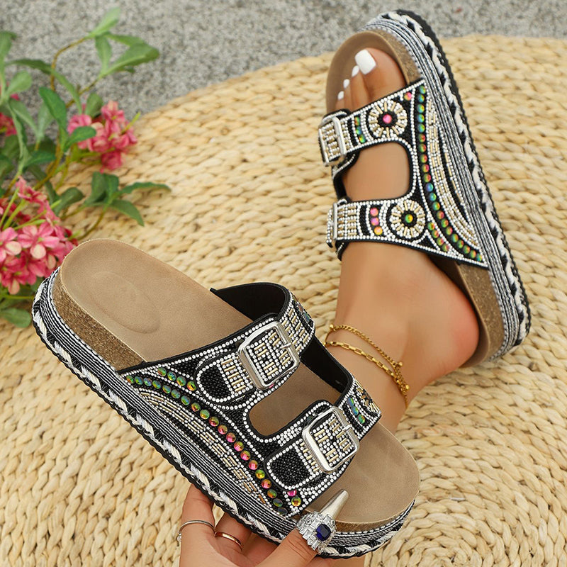 black Women's rhinestone decor slides with 2 straps