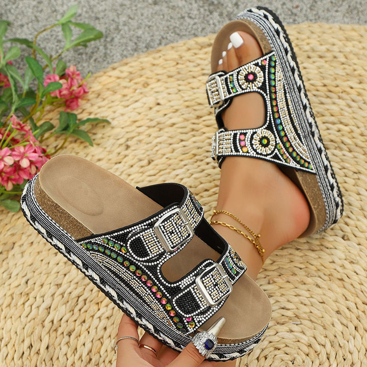 black Women's rhinestone decor slides with 2 straps