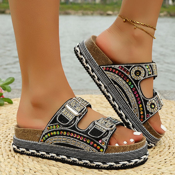Women's rhinestone decor slides with 2 straps