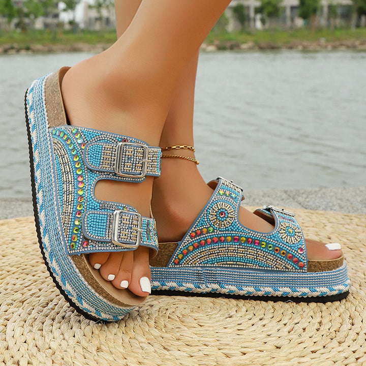 Women's rhinestone decor slides with 2 straps