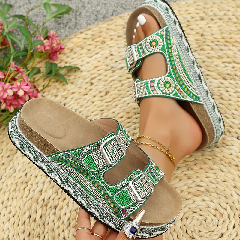 green Women's rhinestone decor slides with 2 straps