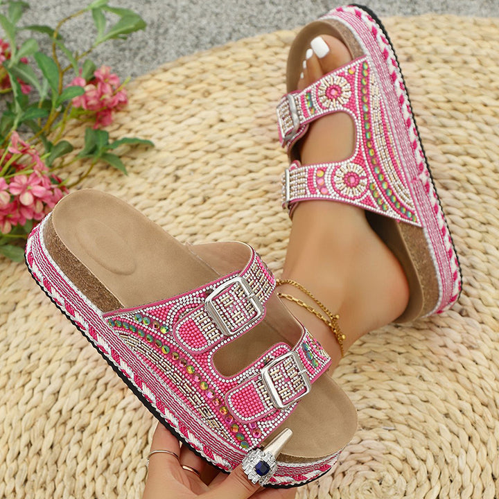 rose Women's rhinestone decor slides with 2 straps