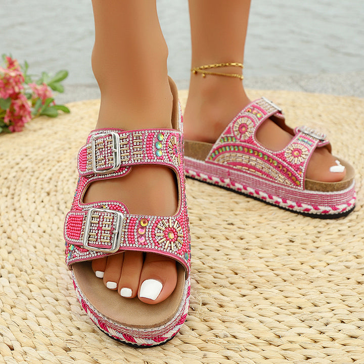 Women's rhinestone decor slides with 2 straps