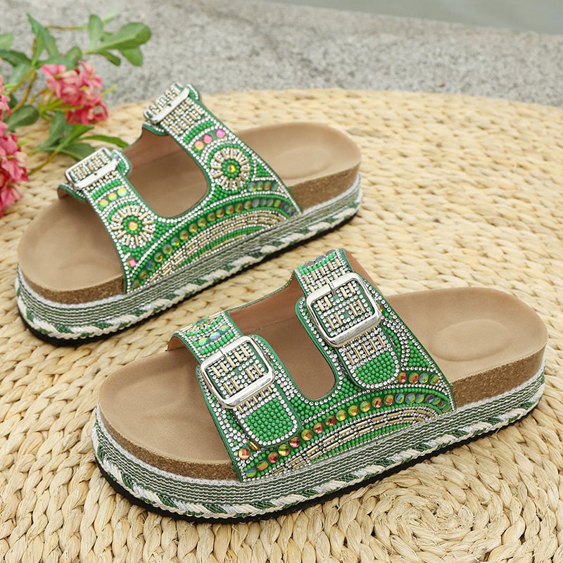 green Women's rhinestone decor slides with 2 straps