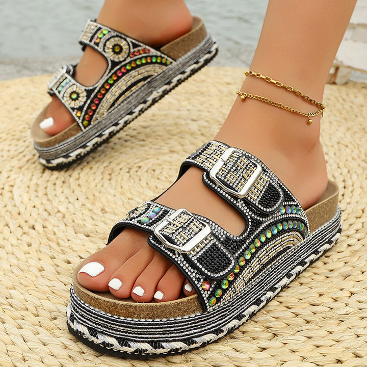 black Women's rhinestone decor slides with 2 straps