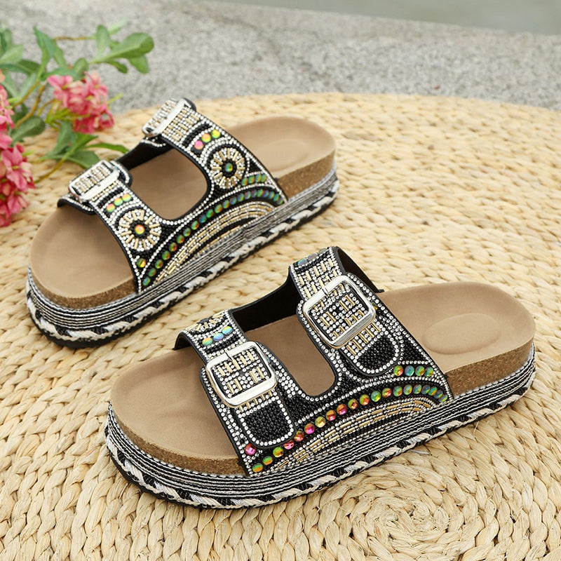 black Women's rhinestone decor slides with 2 straps