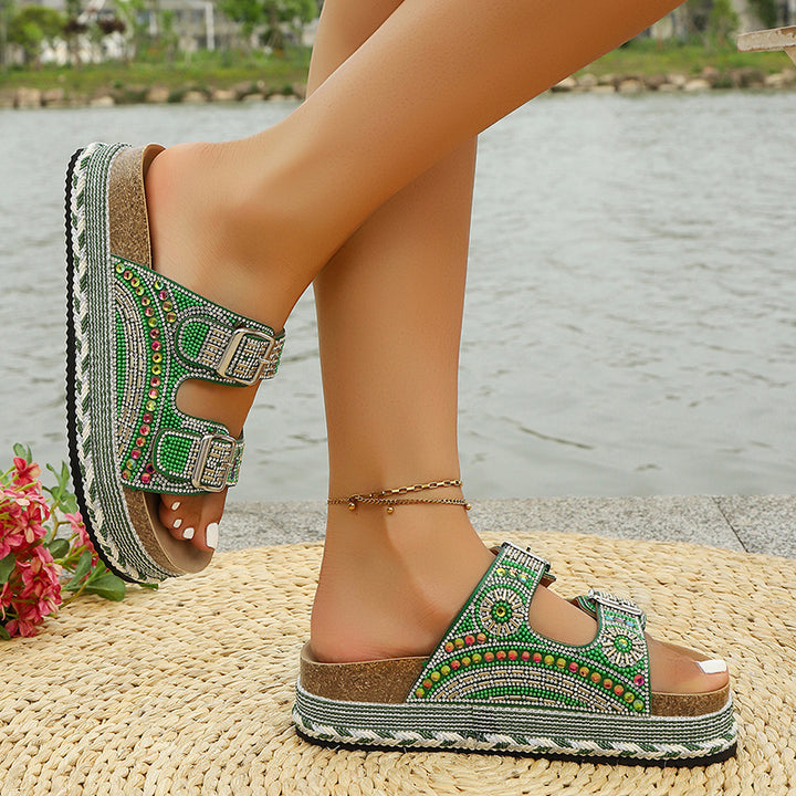 green Women's rhinestone decor slides with 2 straps
