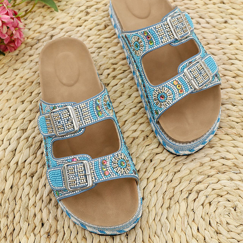 blue Women's rhinestone decor slides with 2 straps