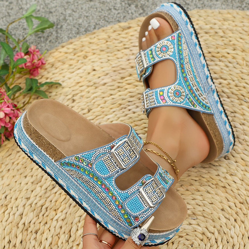 blue Women's rhinestone decor slides with 2 straps