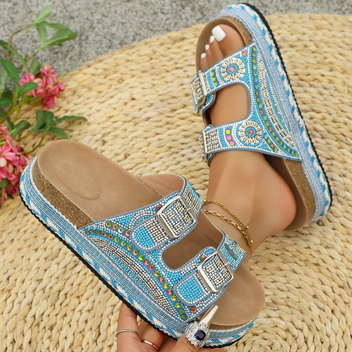 blue Women's rhinestone decor slides with 2 straps