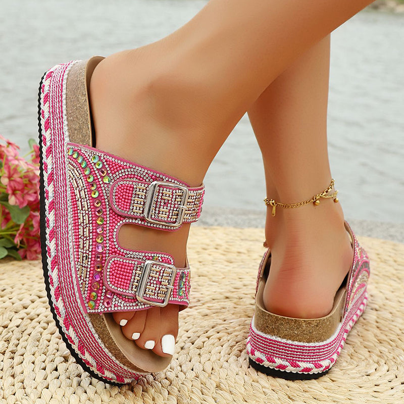 rose Women's rhinestone decor slides with 2 straps