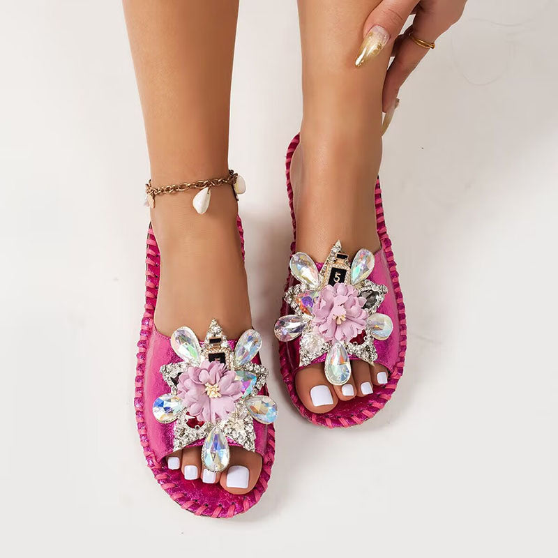 Women's rhinestone embellished flat slides for beach weddings and summer vacation