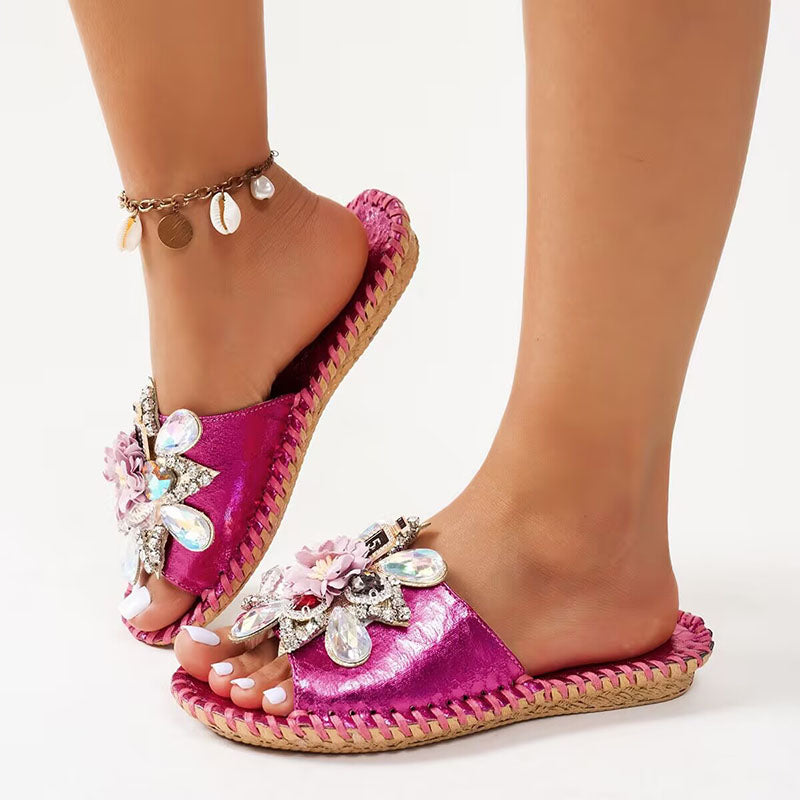 rose Women's rhinestone embellished flat slides for beach weddings and summer vacation