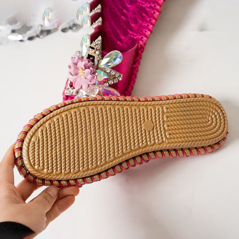 rose Women's rhinestone embellished flat slides for beach weddings and summer vacation
