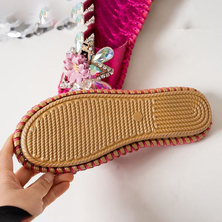 rose Women's rhinestone embellished flat slides for beach weddings and summer vacation
