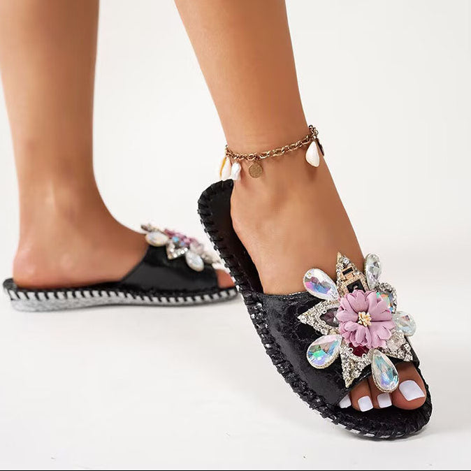 Women's rhinestone embellished flat slides for beach weddings and summer vacation