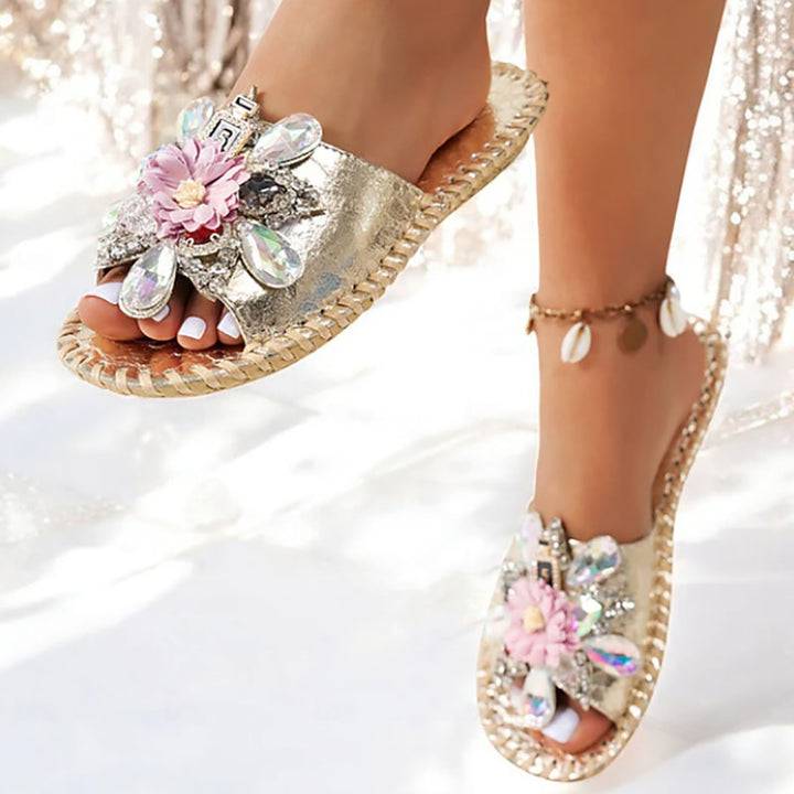 Women's rhinestone embellished flat slides for beach weddings and summer vacation