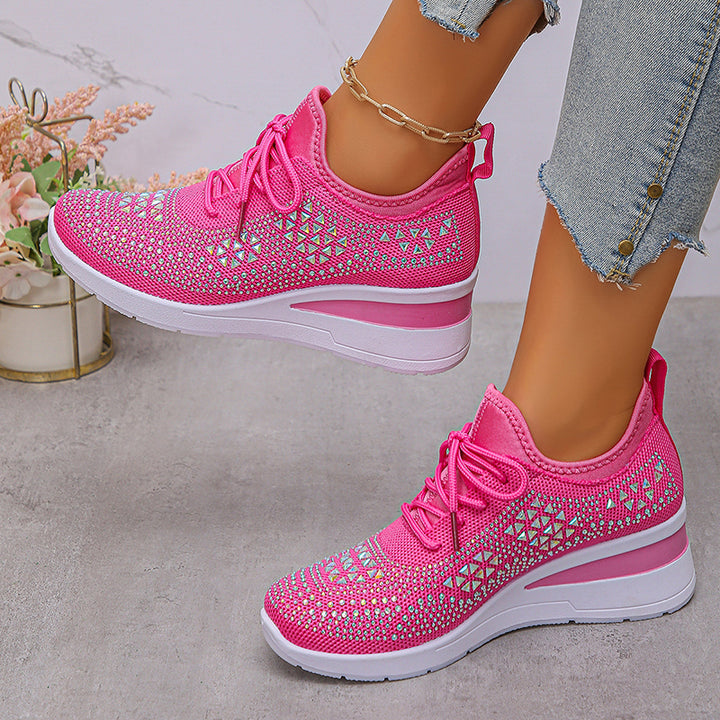 rose Women's rhinestone flyknit wedge heels sneakers