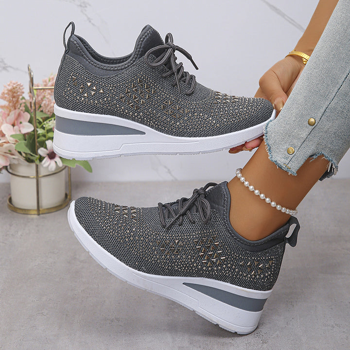 gray Women's rhinestone flyknit wedge heels sneakers
