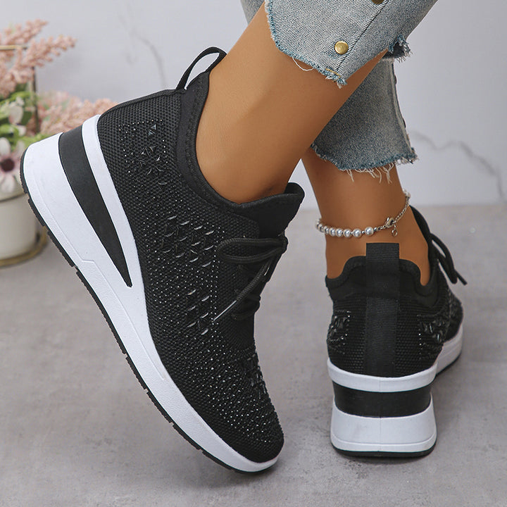 black Women's rhinestone flyknit wedge heels sneakers