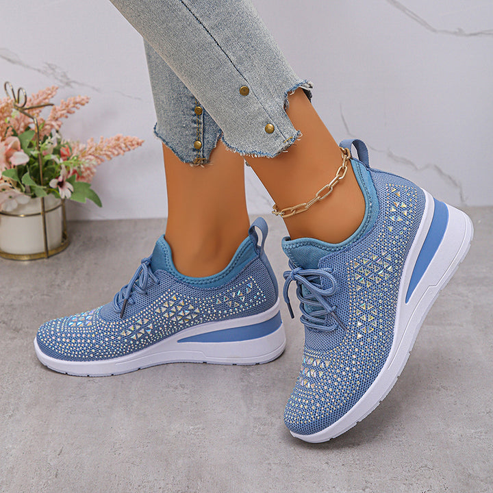 blue Women's rhinestone flyknit wedge heels sneakers