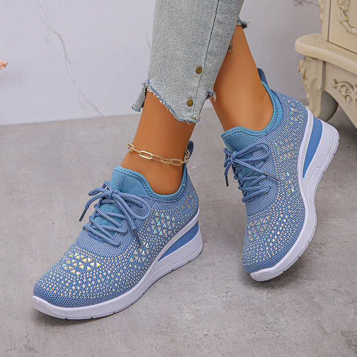 blue Women's rhinestone flyknit wedge heels sneakers