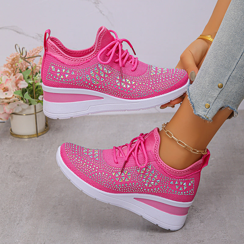 rose Women's rhinestone flyknit wedge heels sneakers
