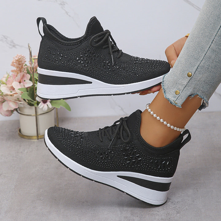 black Women's rhinestone flyknit wedge heels sneakers