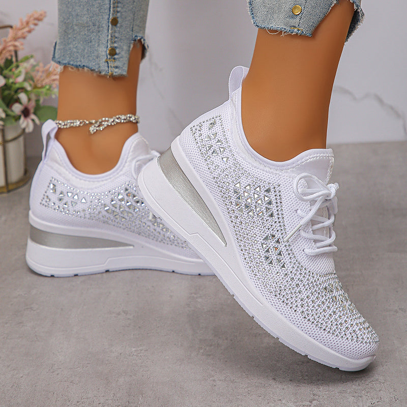 white Women's rhinestone flyknit wedge heels sneakers