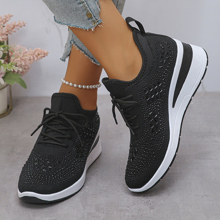 black Women's rhinestone flyknit wedge heels sneakers