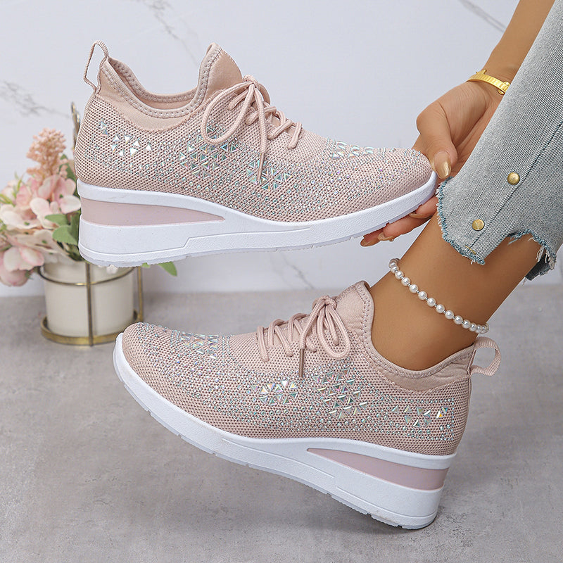 pink Women's rhinestone flyknit wedge heels sneakers